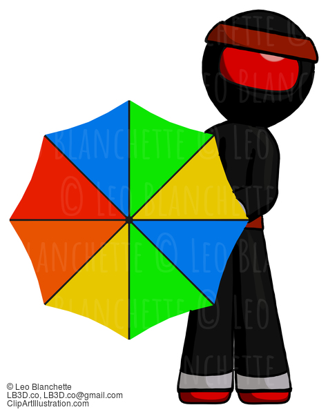 Red Ninja Warrior Man Holding Rainbow Umbrella Out To Viewer #5746