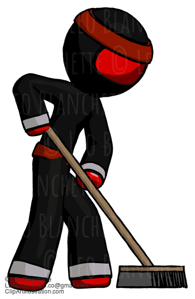 Red Ninja Warrior Man Cleaning Services Janitor Sweeping Side View #5752