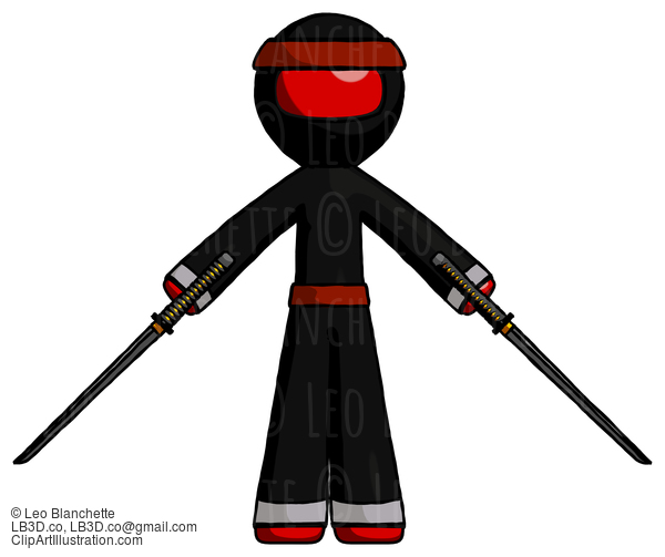 Red Ninja Warrior Man Posing With Two Ninja Sword Katanas #5763