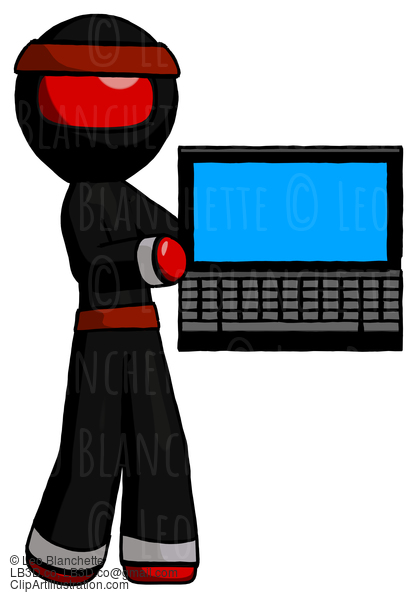 Red Ninja Warrior Man Holding Laptop Computer Presenting Something On Screen #5764