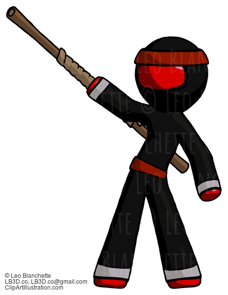 Red Ninja Warrior Man Bo Staff Pointing Up Pose #5767