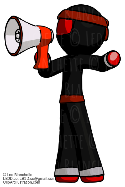 Red Ninja Warrior Man Shouting Into Megaphone Bullhorn Facing Left #5773