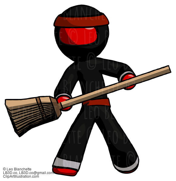 Red Ninja Warrior Man Broom Fighter Defense Pose #5774