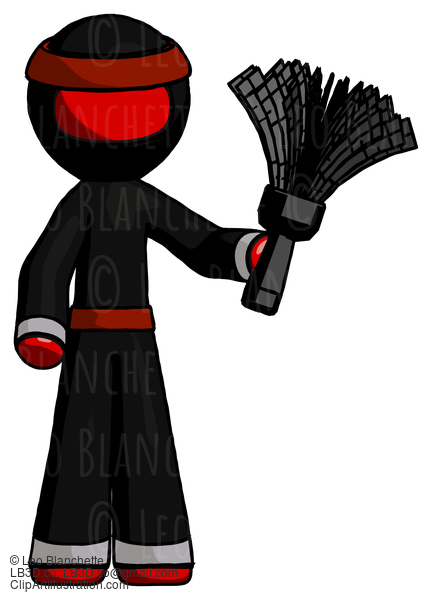 Red Ninja Warrior Man Holding Feather Duster Facing Forward #5776