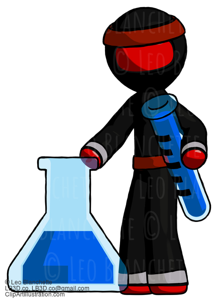 Red Ninja Warrior Man Holding Test Tube Beside Beaker Or Flask #5777