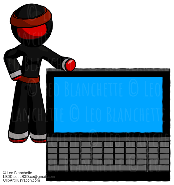 Red Ninja Warrior Man Beside Large Laptop Computer, Leaning Against It #5783