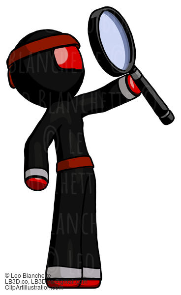 Red Ninja Warrior Man Inspecting With Large Magnifying Glass Facing Up #5790