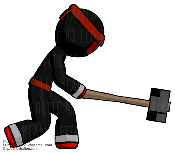 Red Ninja Warrior Man Hitting With Sledgehammer, Or Smashing Something #5799