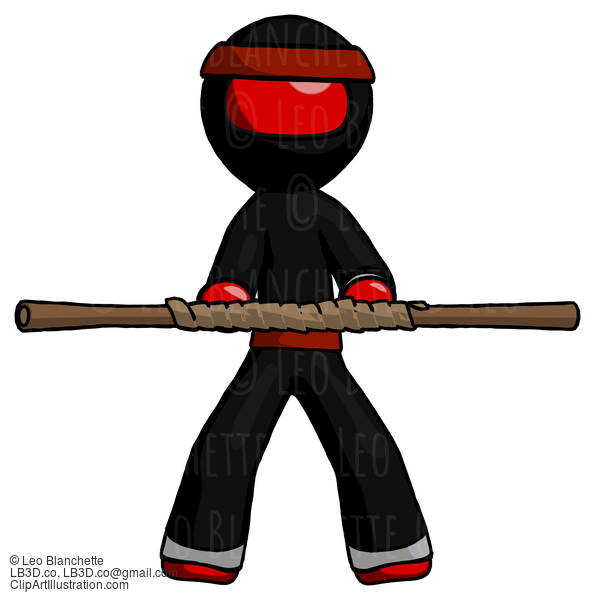 Red Ninja Warrior Man Bo Staff Kung Fu Defense Pose #5805