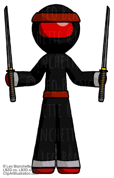 Red Ninja Warrior Man Posing With Two Ninja Sword Katanas Up #5809