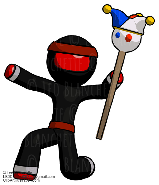 Red Ninja Warrior Man Holding Jester Staff Posing Charismatically #5815