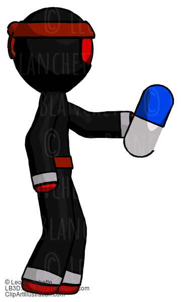 Red Ninja Warrior Man Holding Blue Pill Walking To Right #5821