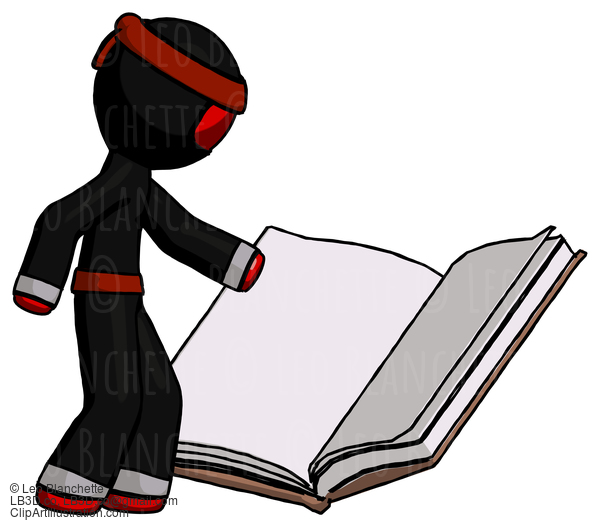 Red Ninja Warrior Man Reading Big Book While Standing Beside It #5839