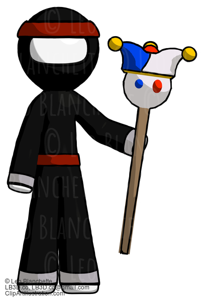 White Ninja Warrior Man Holding Jester Staff #4345