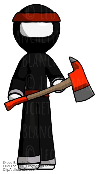 White Ninja Warrior Man Holding Red Fire Fighter’S Ax #4356