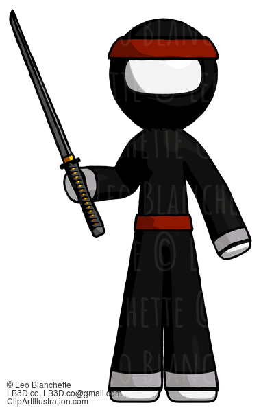 White Ninja Warrior Man Standing Up With Ninja Sword Katana #4361