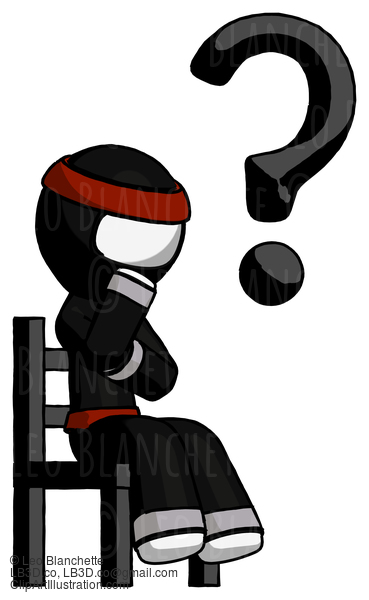 White Ninja Warrior Man Question Mark Concept, Sitting On Chair Thinking #4366