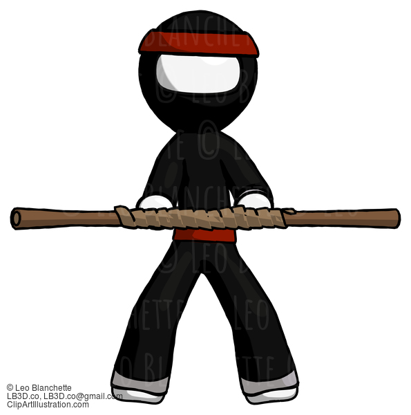 White Ninja Warrior Man Bo Staff Kung Fu Defense Pose #4376