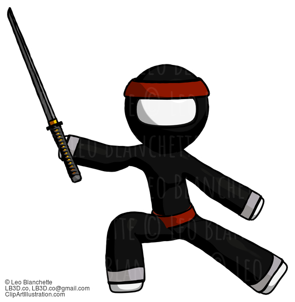 White Ninja Warrior Man With Ninja Sword Katana In Defense Pose #4386