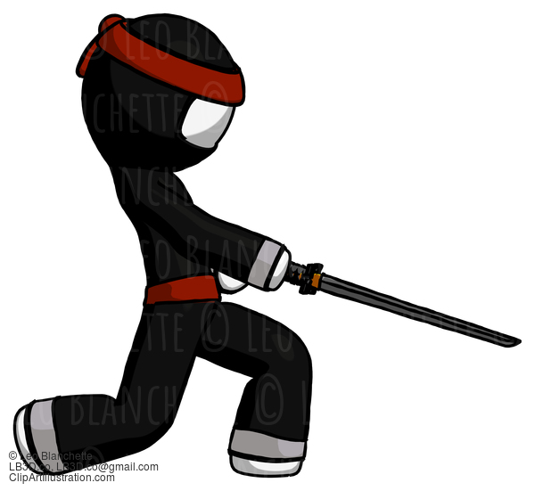 White Ninja Warrior Man With Ninja Sword Katana Slicing Or Striking Something #4390