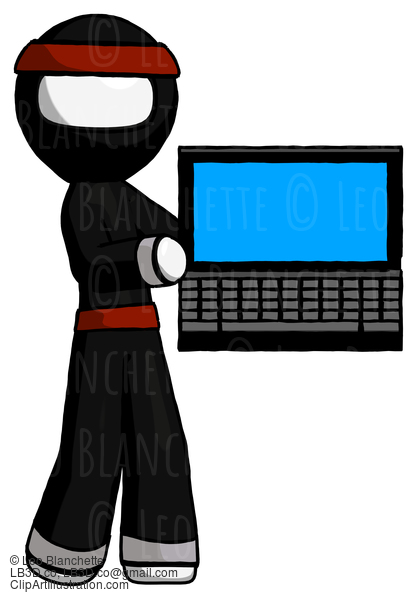 White Ninja Warrior Man Holding Laptop Computer Presenting Something On Screen #4393