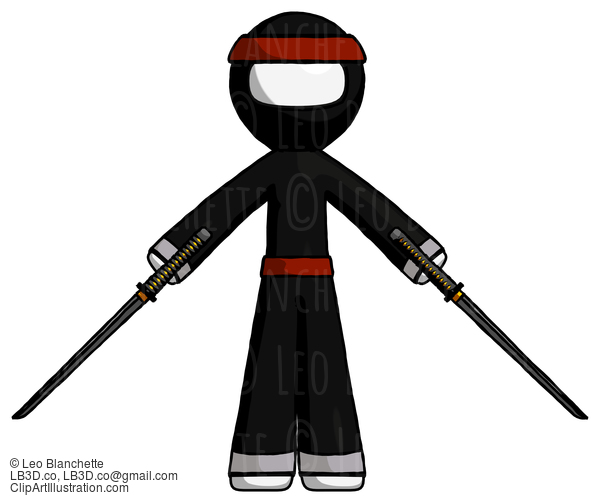 White Ninja Warrior Man Posing With Two Ninja Sword Katanas #4394