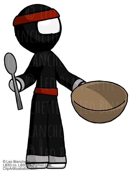 White Ninja Warrior Man With Empty Bowl And Spoon Ready To Make Something #4397