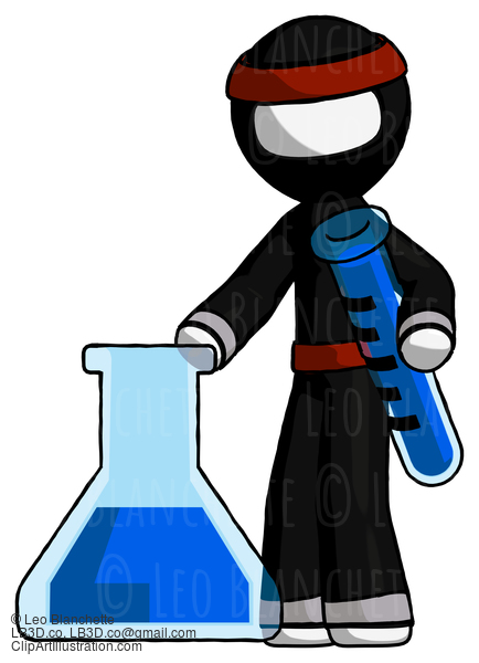 White Ninja Warrior Man Holding Test Tube Beside Beaker Or Flask #4421