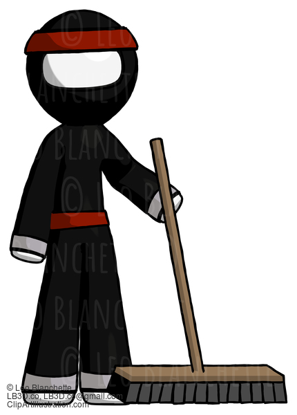 White Ninja Warrior Man Standing With Industrial Broom #4424