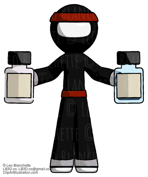 White Ninja Warrior Man Holding Two Medicine Bottles #4436