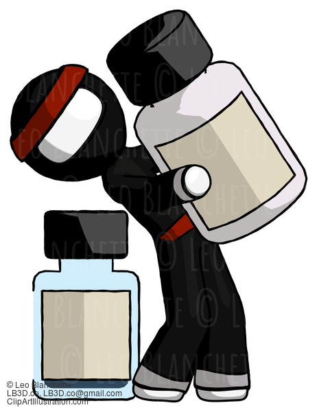 White Ninja Warrior Man Holding Large White Medicine Bottle With Bottle In Background #4437