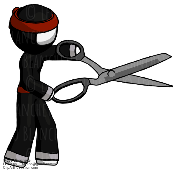 White Ninja Warrior Man Holding Giant Scissors Cutting Out Something #4442