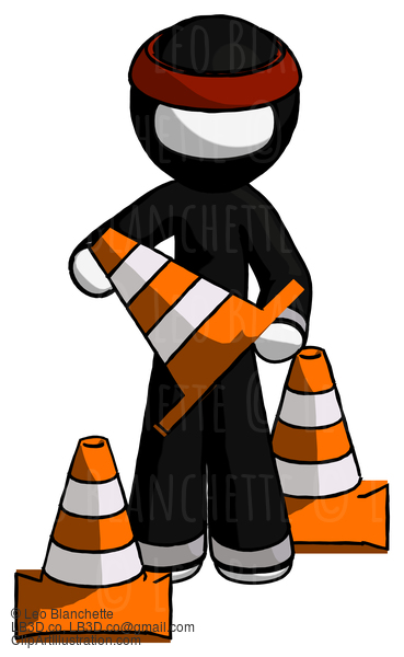 White Ninja Warrior Man Holding A Traffic Cone #4444