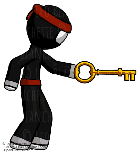 White Ninja Warrior Man With Big Key Of Gold Opening Something #4461