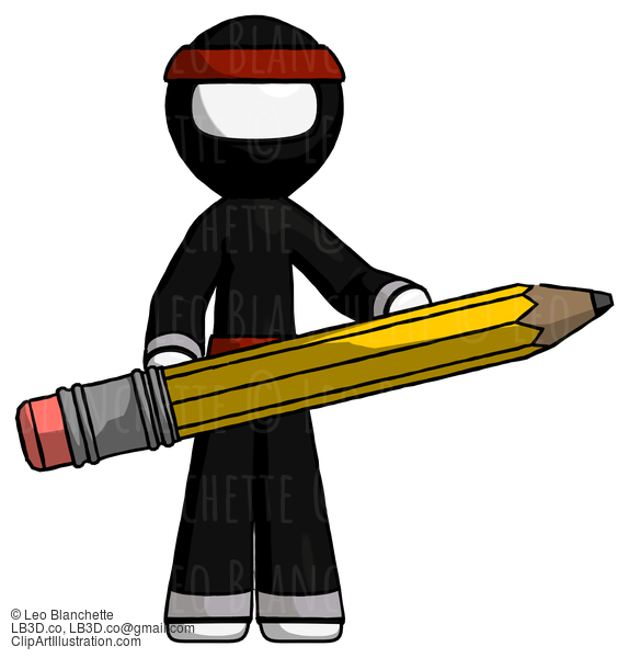 White Ninja Warrior Man Writer Or Blogger Holding Large Pencil #4469