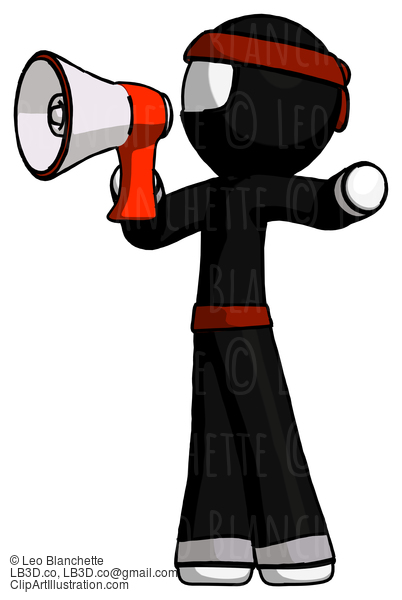 White Ninja Warrior Man Shouting Into Megaphone Bullhorn Facing Left #4470