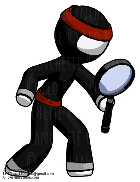 White Ninja Warrior Man Inspecting With Large Magnifying Glass Right #4480