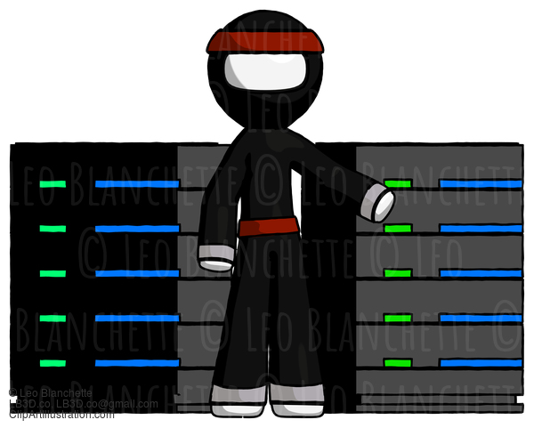 White Ninja Warrior Man With Server Racks, In Front Of Two Networked Systems #4482