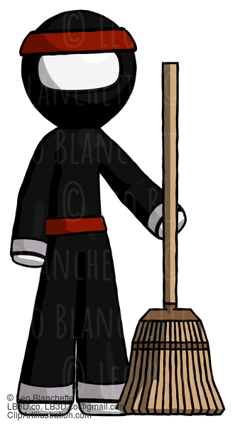 White Ninja Warrior Man Standing With Broom Cleaning Services #4483