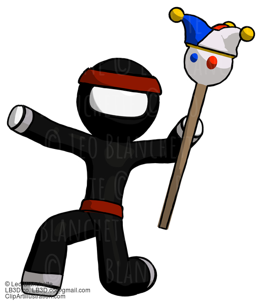 White Ninja Warrior Man Holding Jester Staff Posing Charismatically #4485