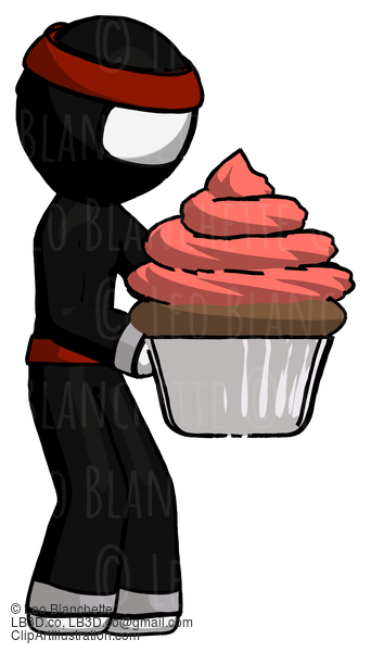 White Ninja Warrior Man Holding Large Cupcake Ready To Eat Or Serve #4502