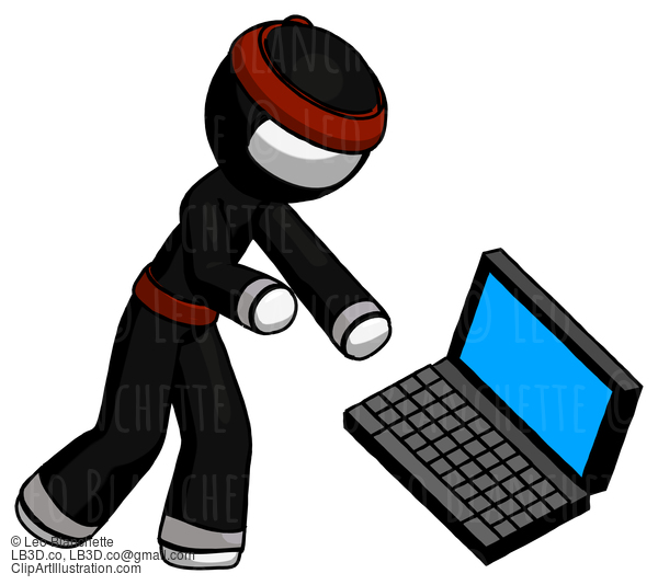 White Ninja Warrior Man Throwing Laptop Computer In Frustration #4504