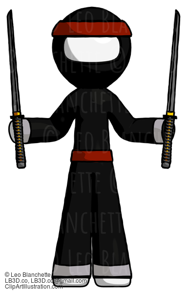 White Ninja Warrior Man Posing With Two Ninja Sword Katanas Up #4506