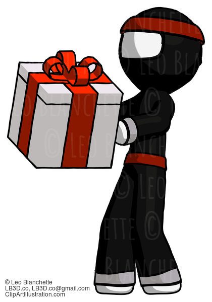 White Ninja Warrior Man Presenting A Present With Large Red Bow On It #4514