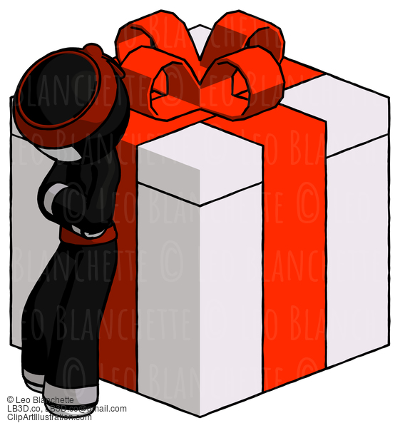 White Ninja Warrior Man Leaning On Gift With Red Bow Angle View #4521