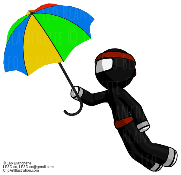 White Ninja Warrior Man Flying With Rainbow Colored Umbrella #4553