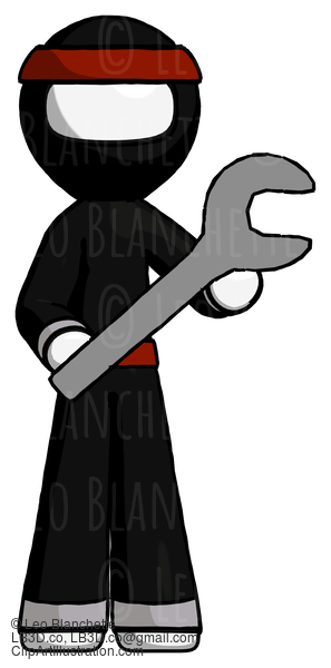 White Ninja Warrior Man Holding Large Wrench With Both Hands #4574