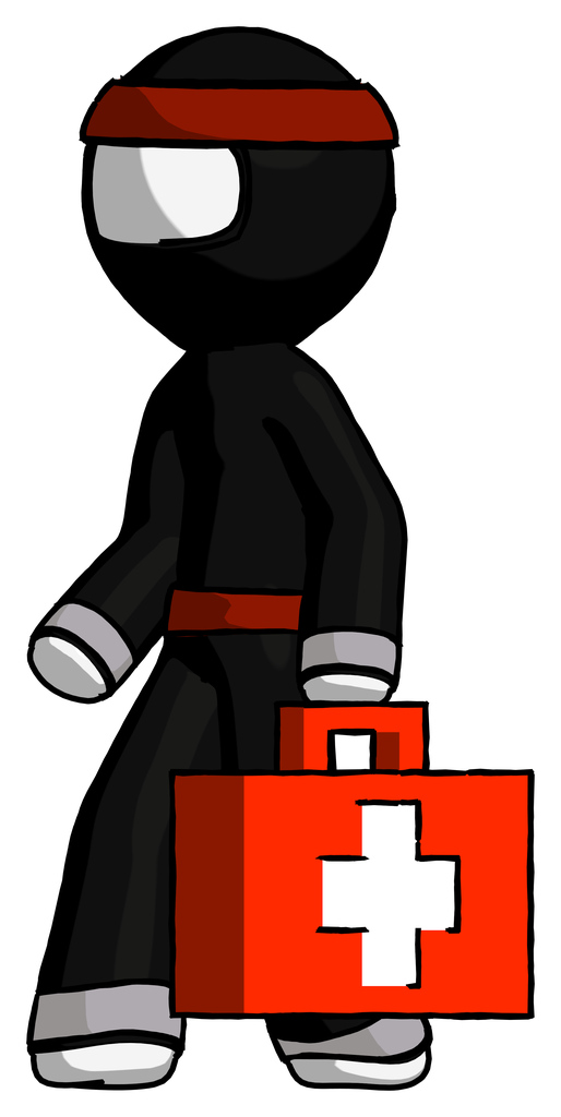 White Ninja Warrior Man Walking With Medical Aid Briefcase To Left