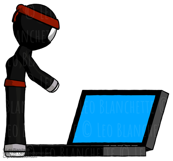 White Ninja Warrior Man Using Large Laptop Computer Side Orthographic View #4607