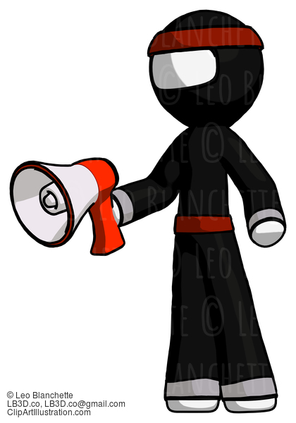 White Ninja Warrior Man Holding Megaphone Bullhorn Facing Right #4612